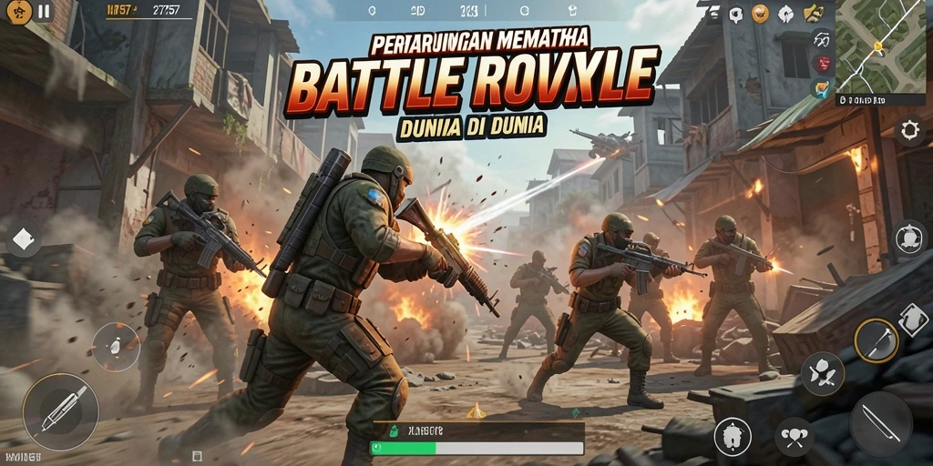 Screenshot utama 2757 menampilkan aksi pertarungan Battle Royale yang intens.