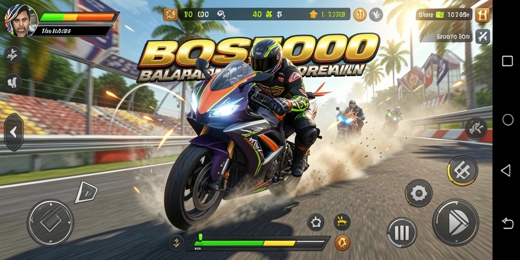 Tangkapan layar menampilkan aksi balapan motor yang mendebarkan.
