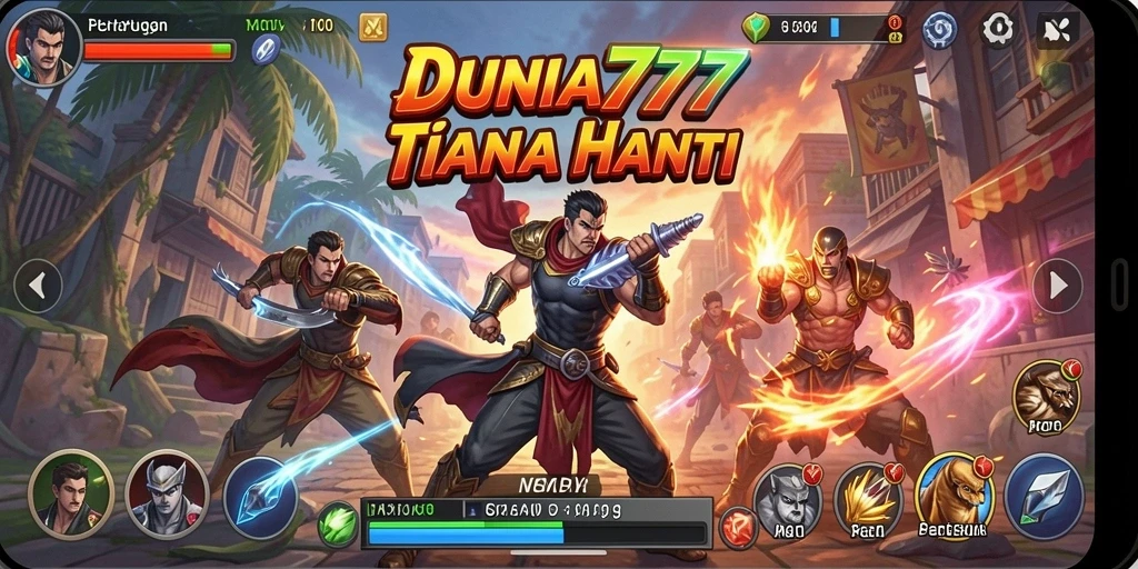 Screenshot utama DUNIA777 menampilkan aksi pertarungan intens dan karakter yang dinamis.