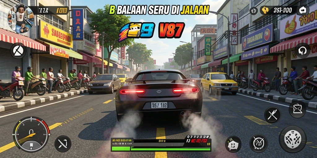 Gameplay V87 menampilkan balapan seru dengan mobil kencang di trek menantang.